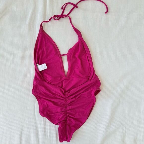 Bikini Lab Womens One Piece Swimsuit Deep V Plunge Hot Pink Large L - Picture 2 of 4